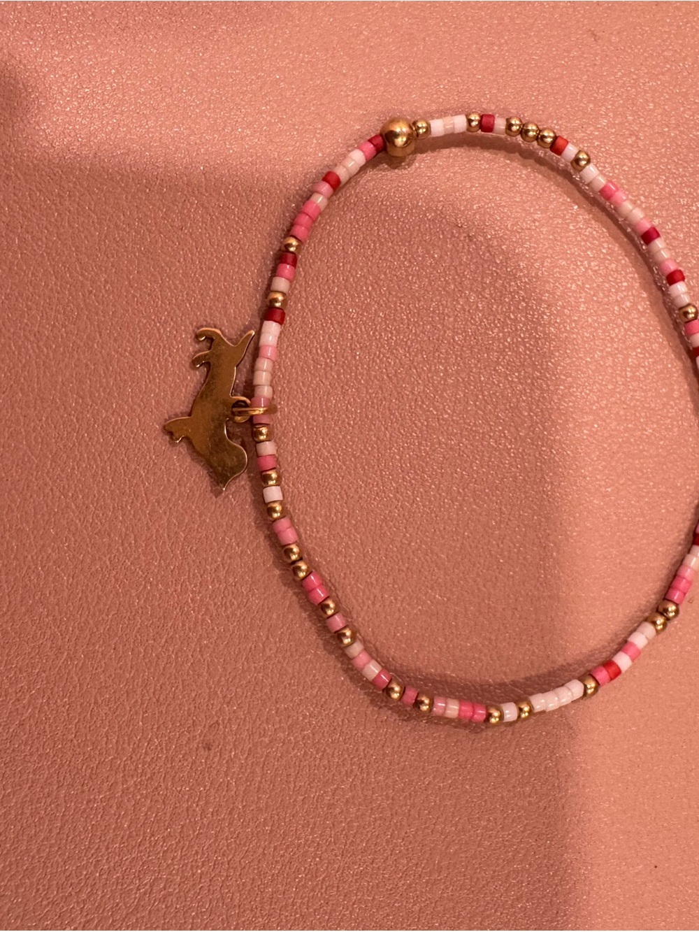 SEASIDE ENEWTON Gold doxie Charm Pink Beaded Stretch Bracelet